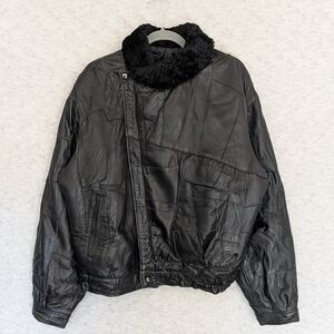 Zerimar Patchwork Black Leather Jacket Fur Collar Sz50 Quilted Lining